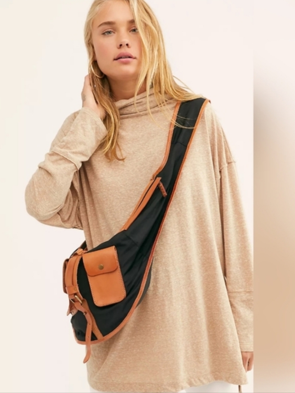 Free People Blue Ridge Sling Bag Tan  & Black Leather Trim Black Canvas